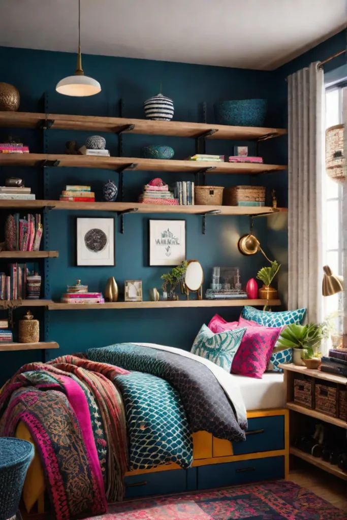 Colorful and eclectic bedroom with organized storage solutions and a vibrant aesthetic