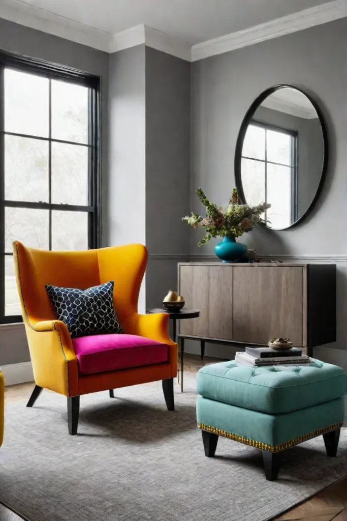 Colorful armchair as a statement piece in a minimalist living room