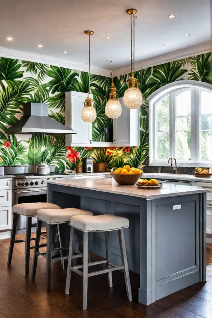 Colorful wallpaper adding personality to a kitchen island