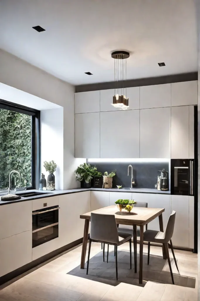 Compact kitchen design with spacesaving lighting fixture