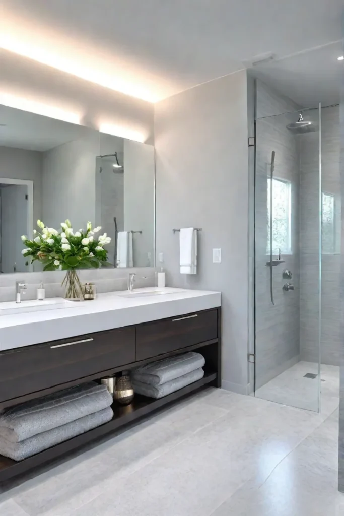 Contemporary bathroom curbless shower dual sinks