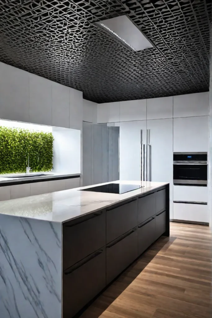 Contemporary kitchen with geometric wallpapered ceiling