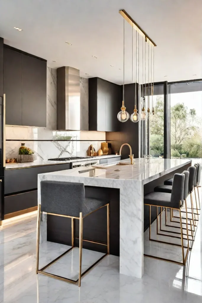 Contemporary kitchen with sleek marble island and lighting