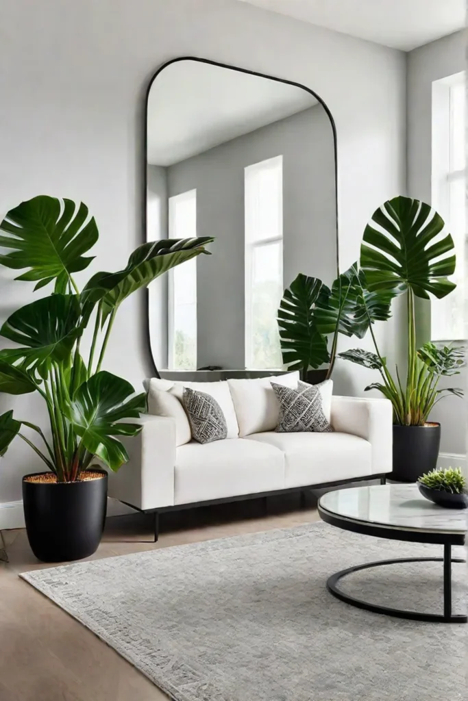Contemporary living room with monstera plant and natural light reflection