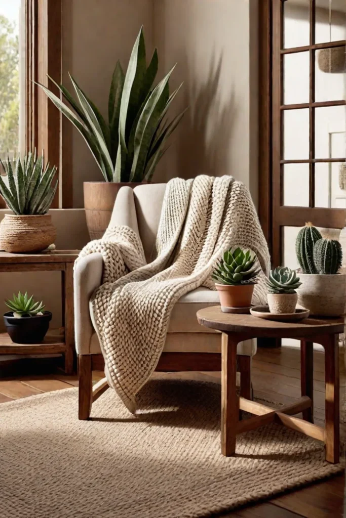 Cotton throw and succulents adding warmth and texture to a living space