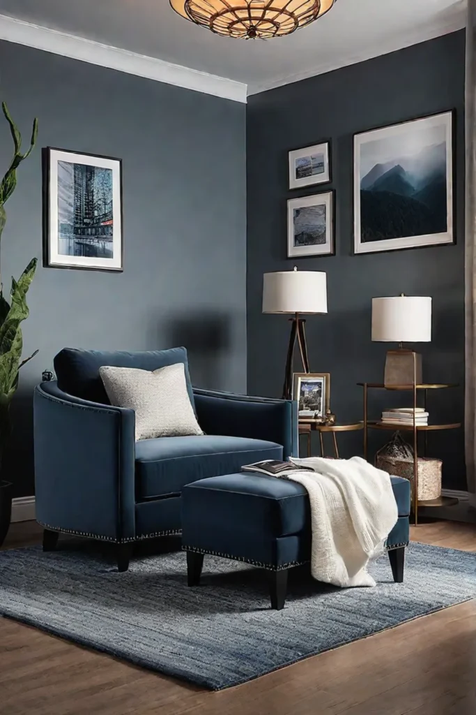 Cozy reading nook with swivel accent chair and minimalist bookcase