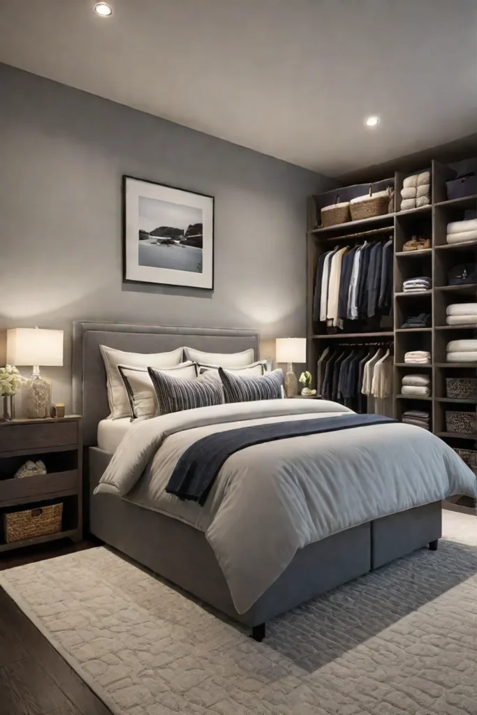 Cozy bedroom highlighting a wellorganized closet space and a comfortable atmosphere