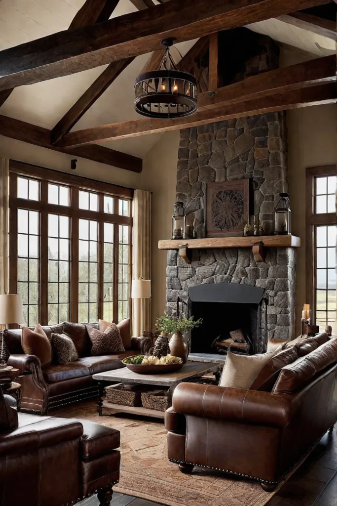 Cozy living room with leather sofa and stone fireplace