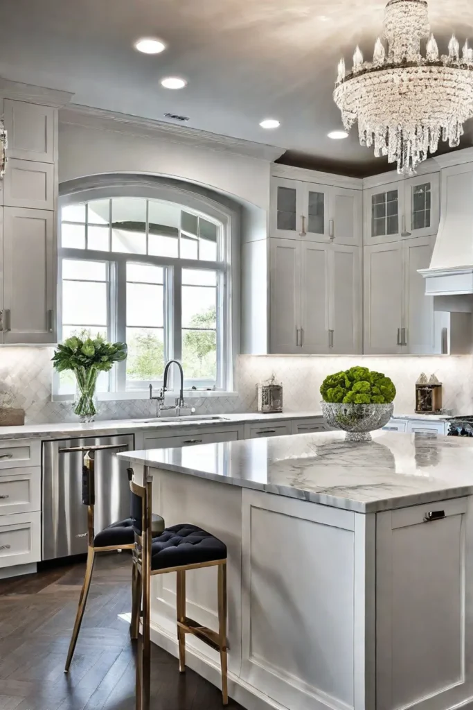 Crystal chandelier above a marble kitchen island