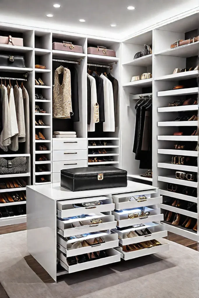 Custom closet with specialized storage for shoes and accessories