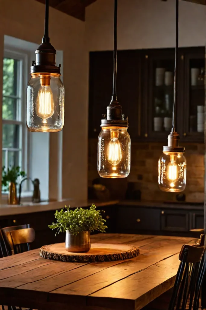 DIY lighting adds a rustic touch to a kitchen