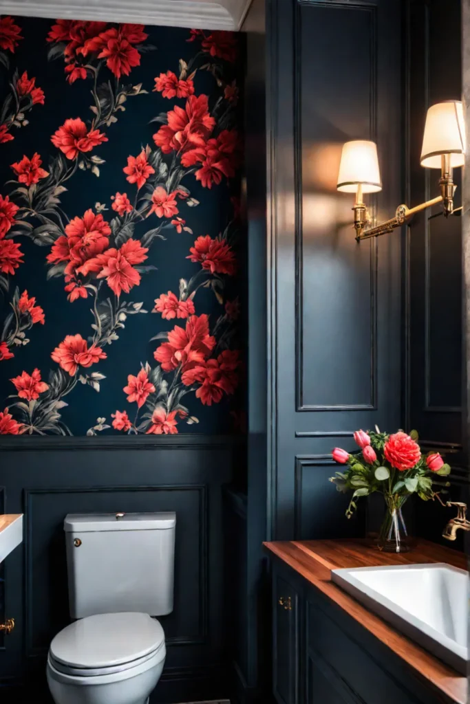 Dark floral wallpaper dramatic bathroom sophisticated