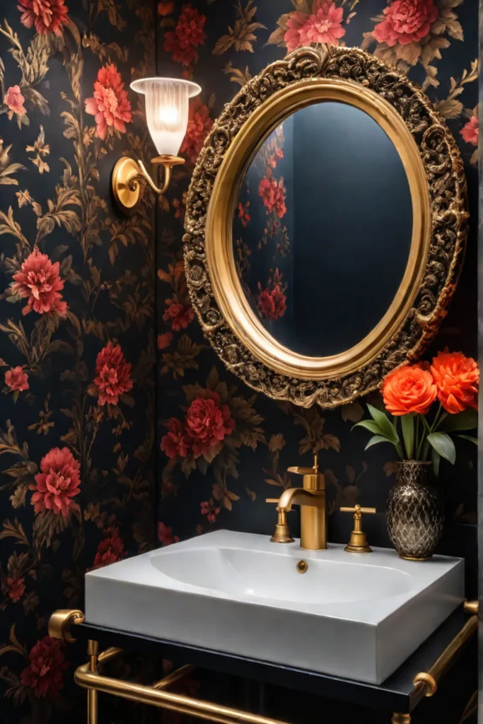 Dark floral wallpaper powder room vintage gold accents