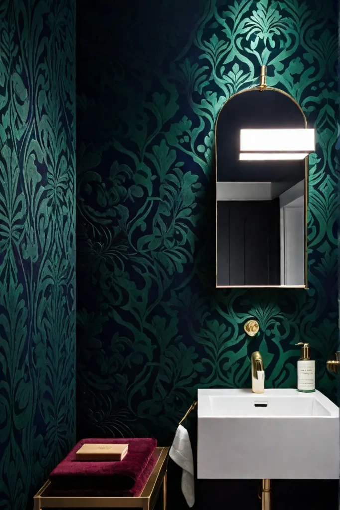Darkcolored wallpaper small bathroom dramatic sophisticated