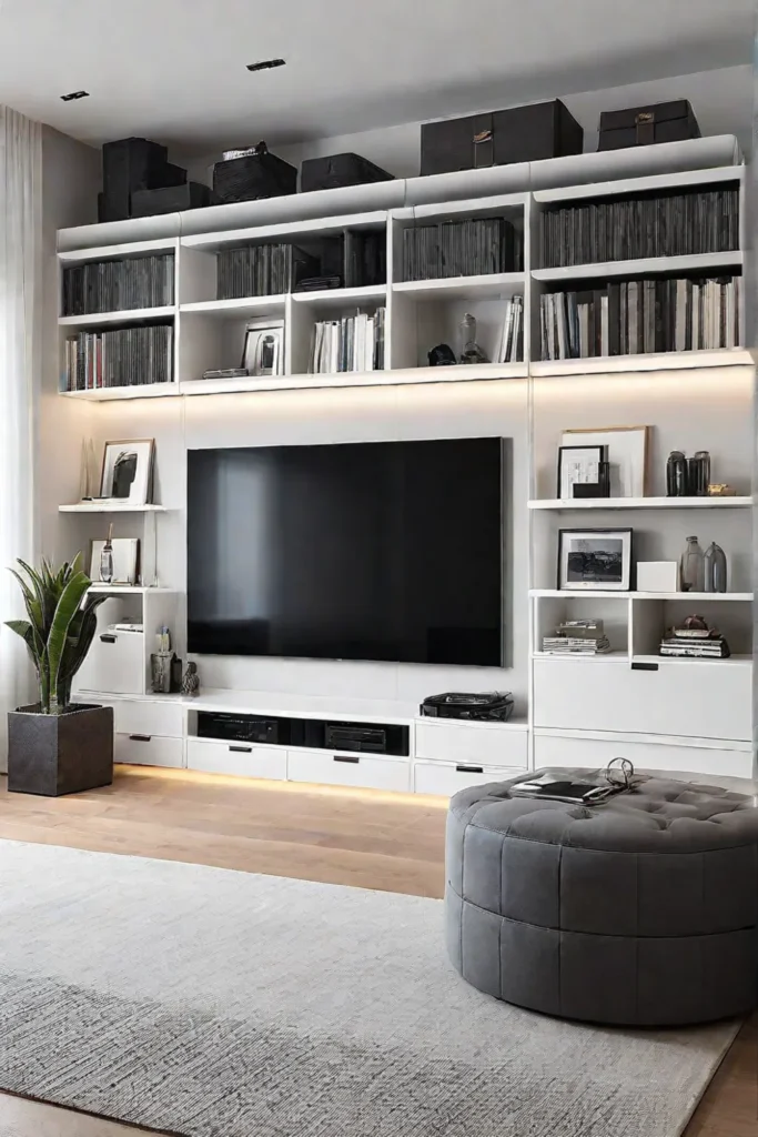 Decluttered minimalist living room with clever storage solutions