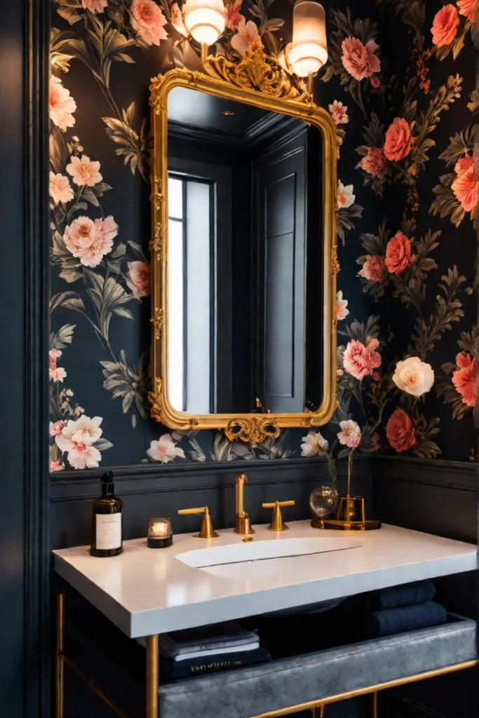 Dramatic powder room luxurious wallpaper elegant design