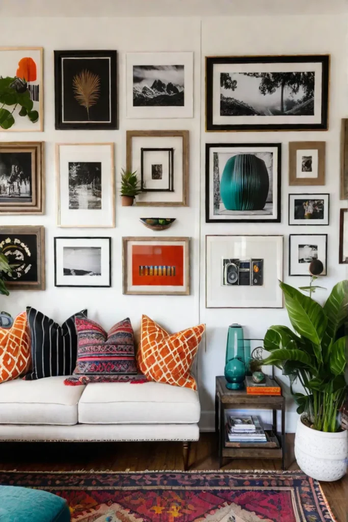 Eclectic gallery wall above a thrifted sofa