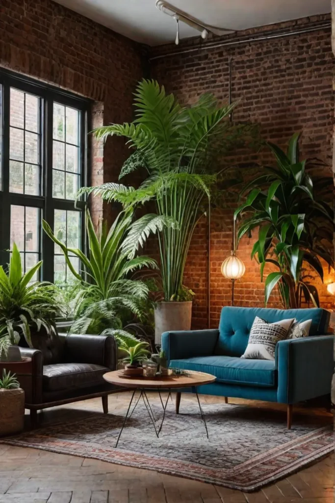 Eclectic living room with exposed brick and an urban jungle vibe