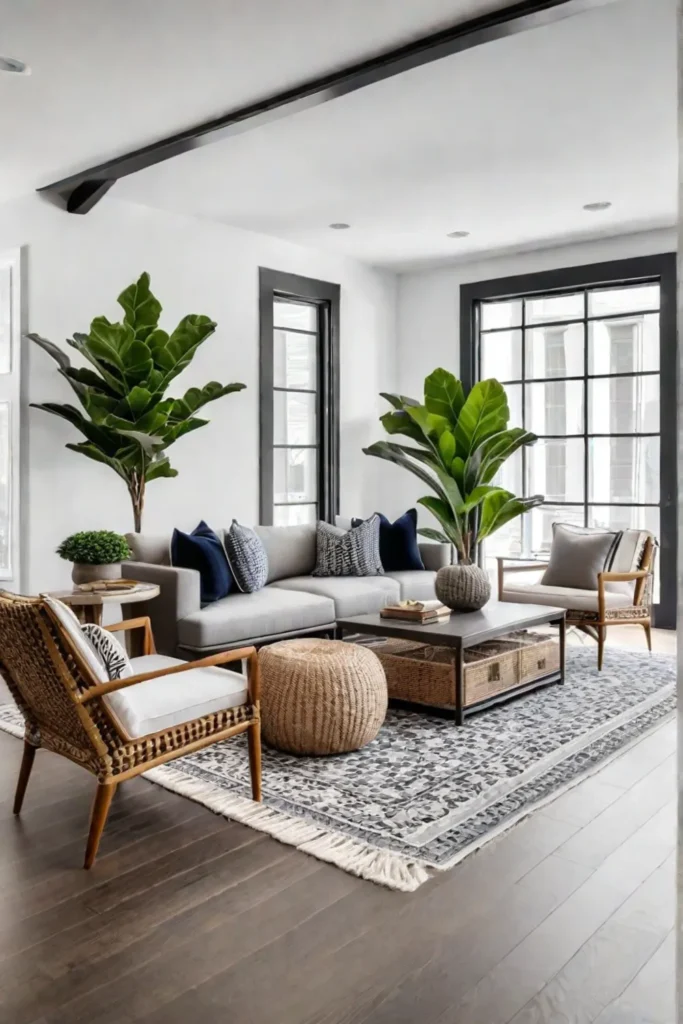 Eclectic living room with gray sectional and rattan armchairs
