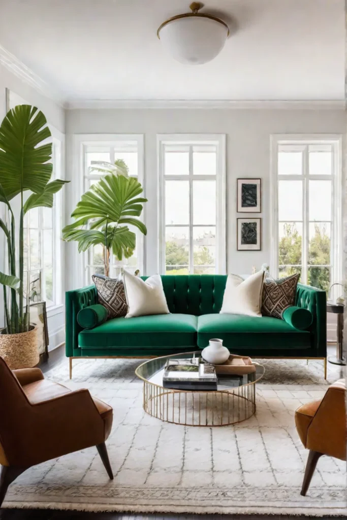 Eclectic living room with green velvet sofa and gallery wall