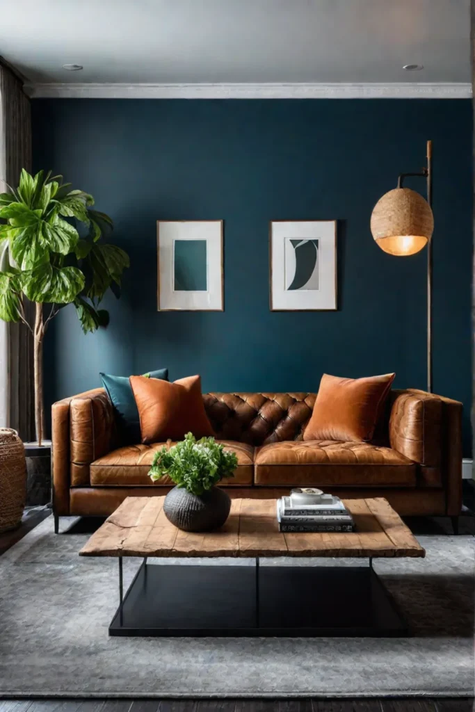 Eclectic living room with leather sofa and wooden coffee table