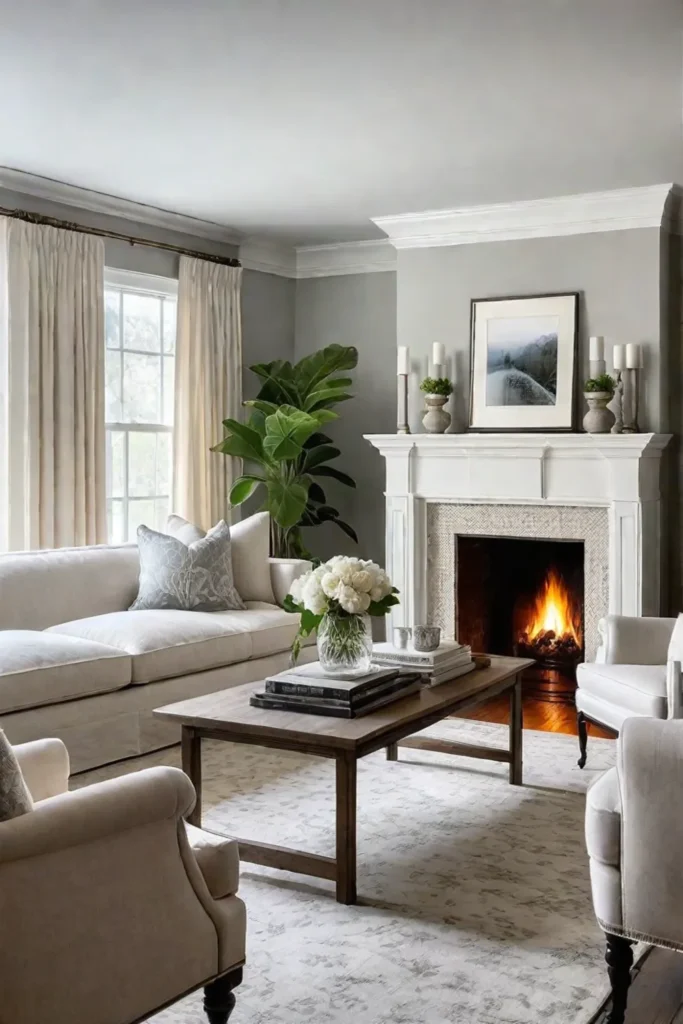 Eclectic living room with linen sofa and floral wingback chairs