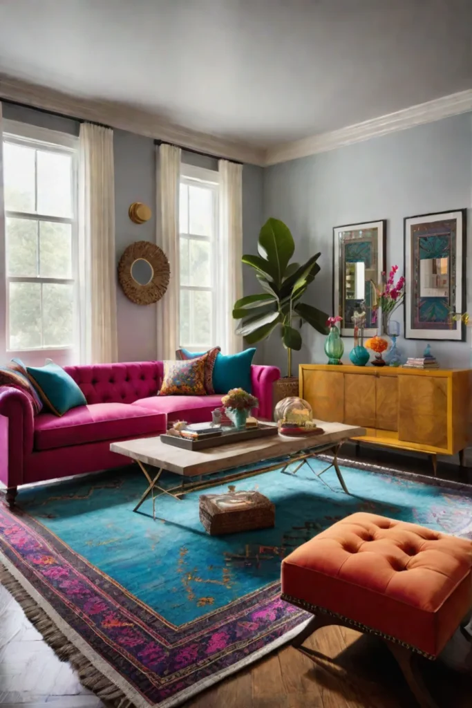 Eclectic living room with mixed patterns and textures
