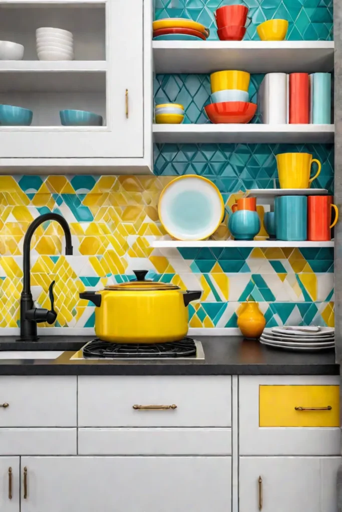 Eclectic small kitchen with colorful tile and open shelving