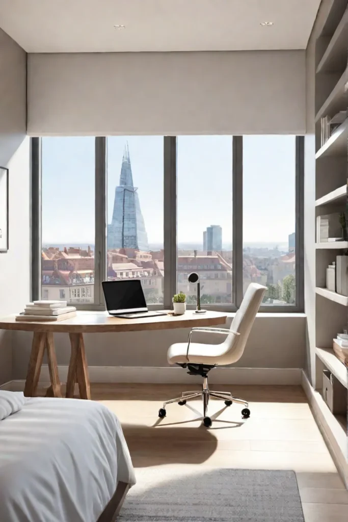 Ergonomic desk and chair in a calming bedroom setting