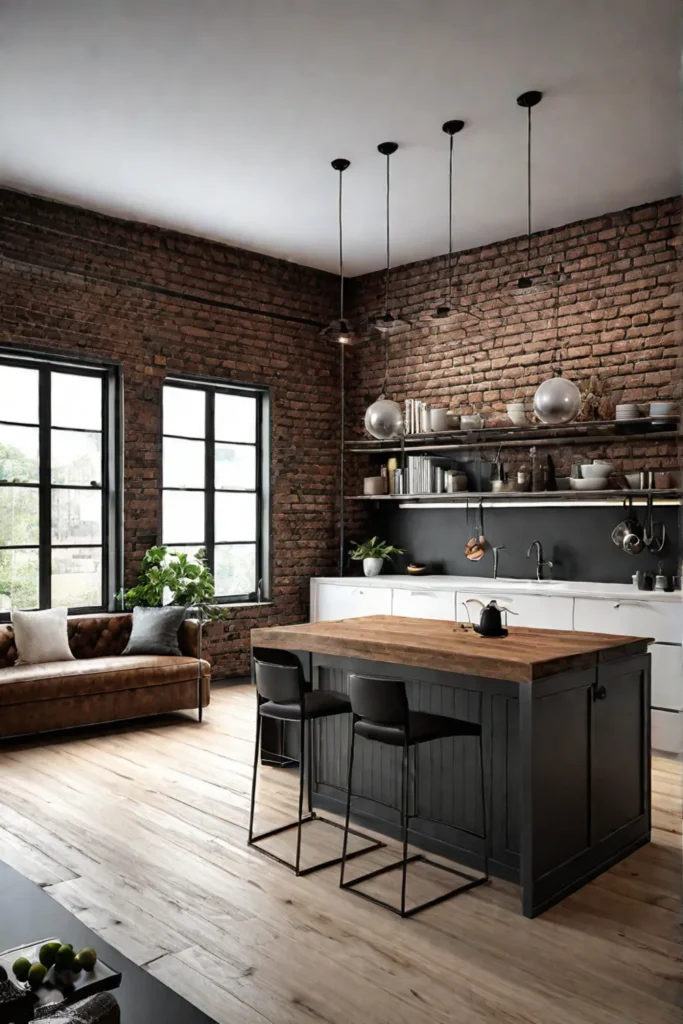 Exposed brick wallpaper in an industrial kitchen