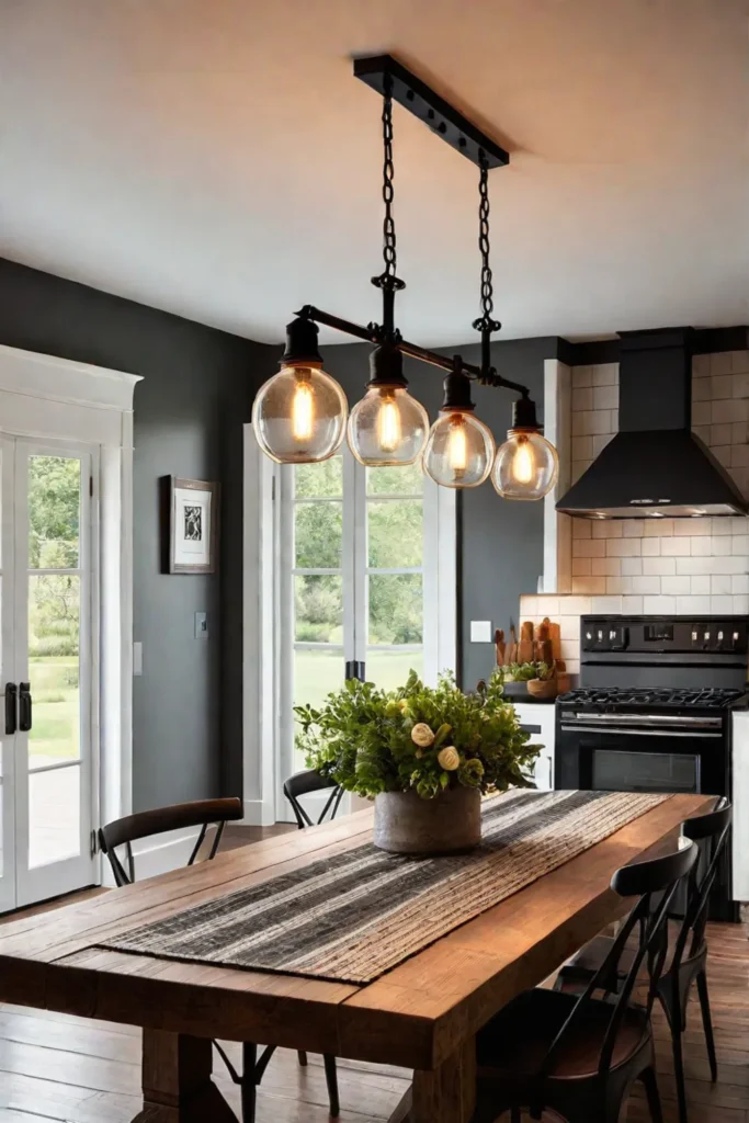 Farmhouse kitchen with a rustic chandelier