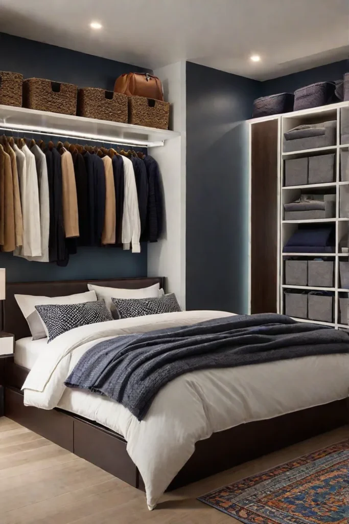 Functional bedroom with organized closet featuring labeled bins and shelves for efficient storage