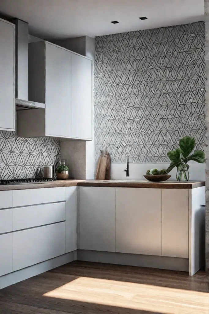 Geometric patterned wallpaper complementing a clean and minimalist kitchen design