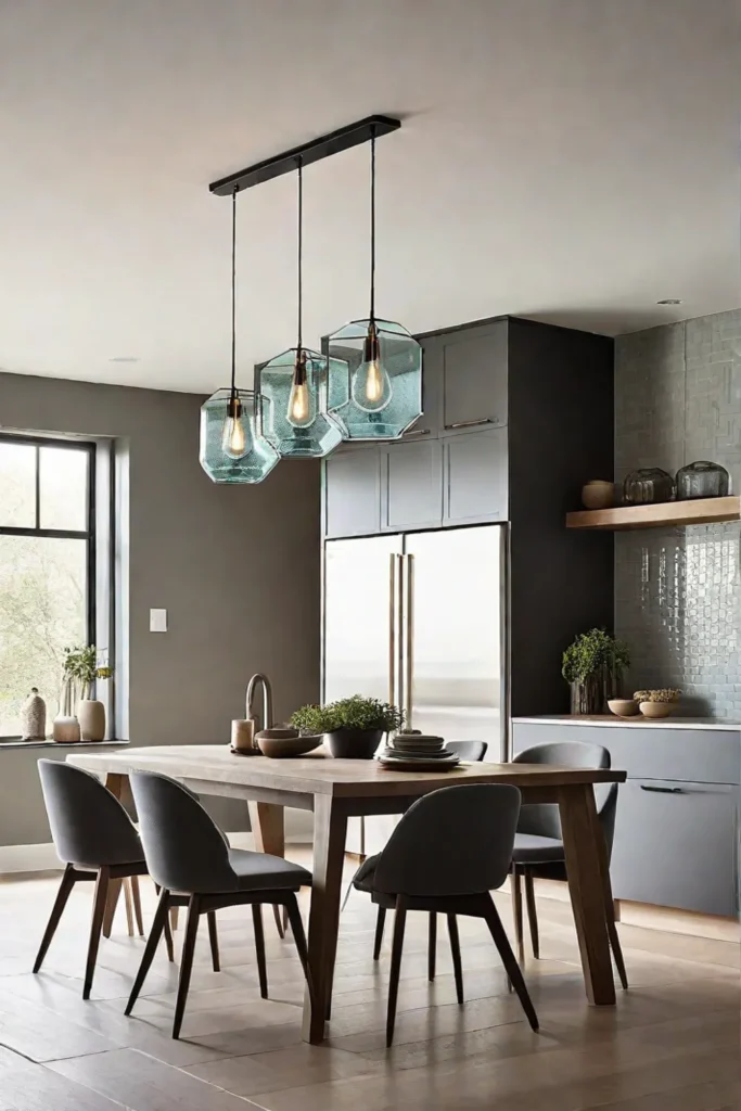 Geometric pendant lights above a dining table