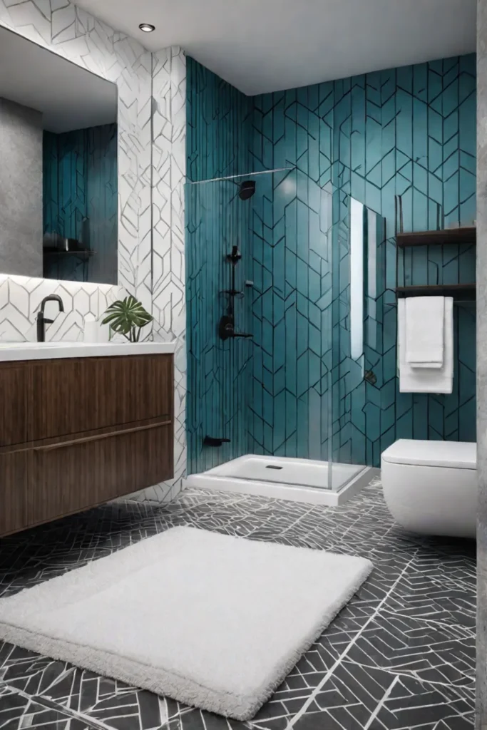 Geometric wallpaper accent wall modern bathroom