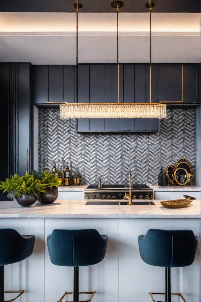 Glamorous kitchen with metallic accents and crystal pendant lights