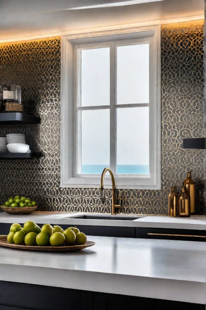 Gold stenciled Moroccan tile pattern on a kitchen backsplash