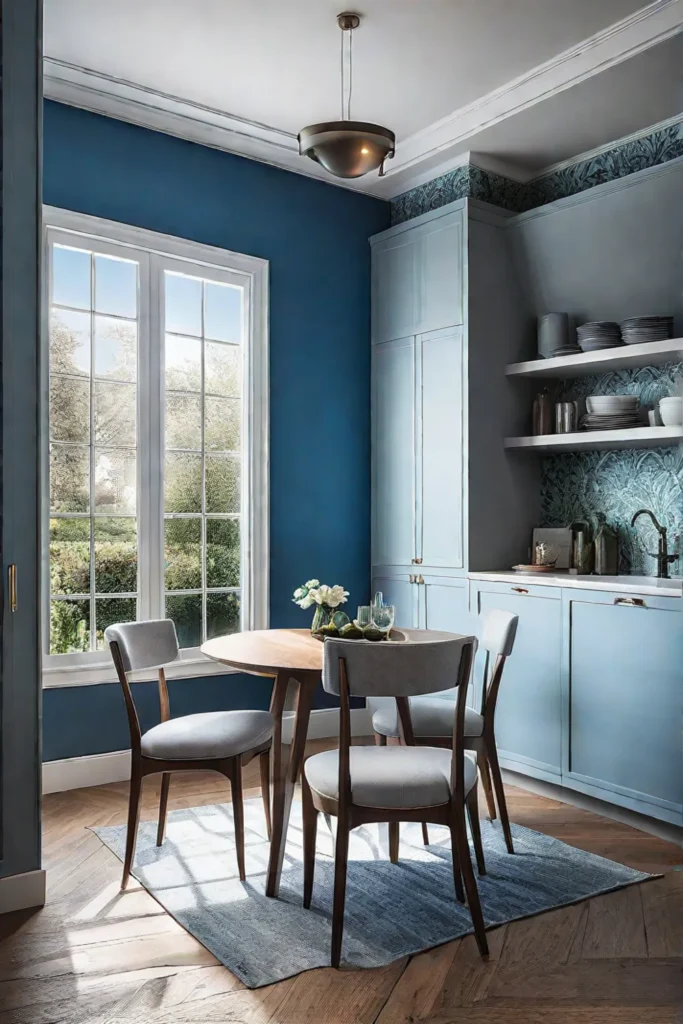 Gradient wallpaper in blues and greens blurring the lines between a kitchen and the outdoors