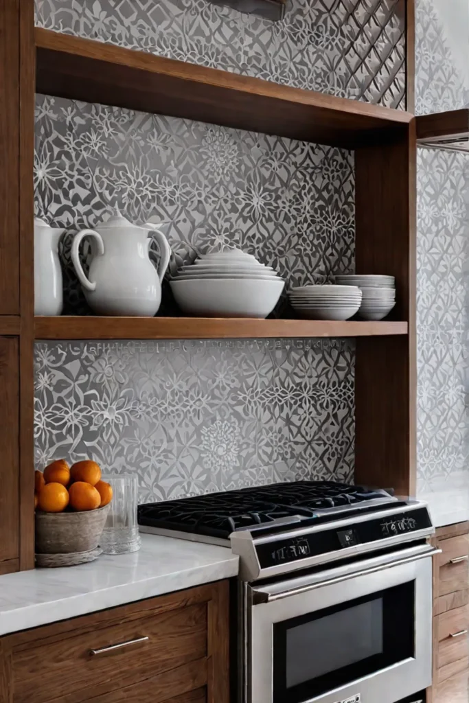 Gray stenciled design adding elegance to a kitchen