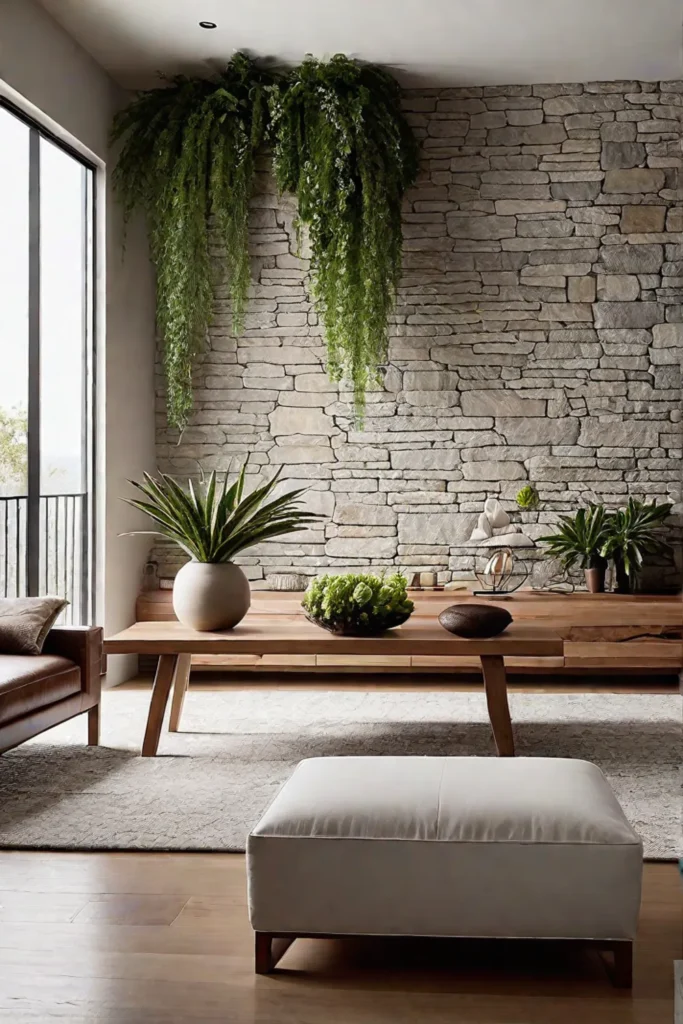 Houseplants bring life and texture to a minimalist living room with a stone accent wall
