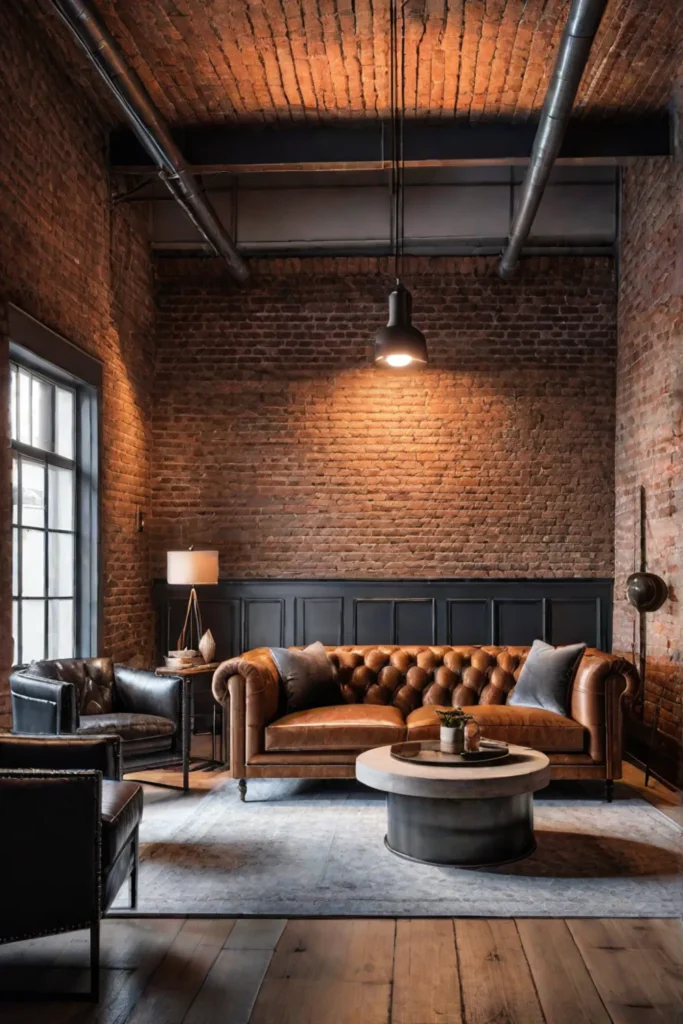 Industrial style living room with exposed brick and leather sofa