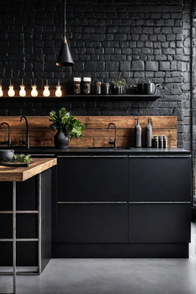 Industrial kitchen with exposed brick and geometric wallpaper