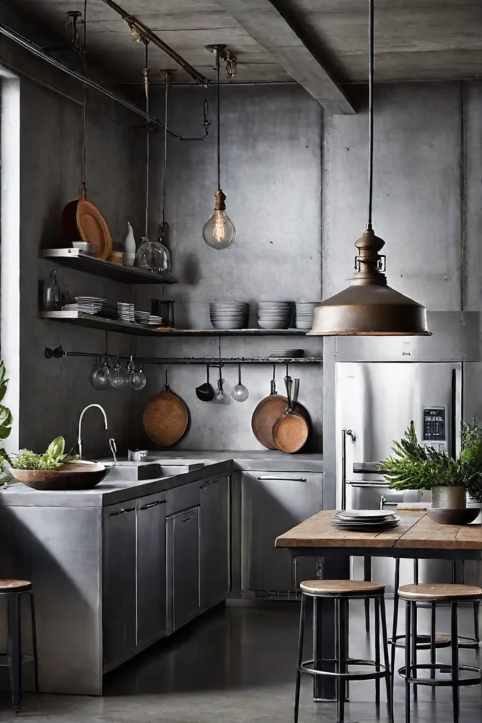 Industrial kitchen with vintage pendant light