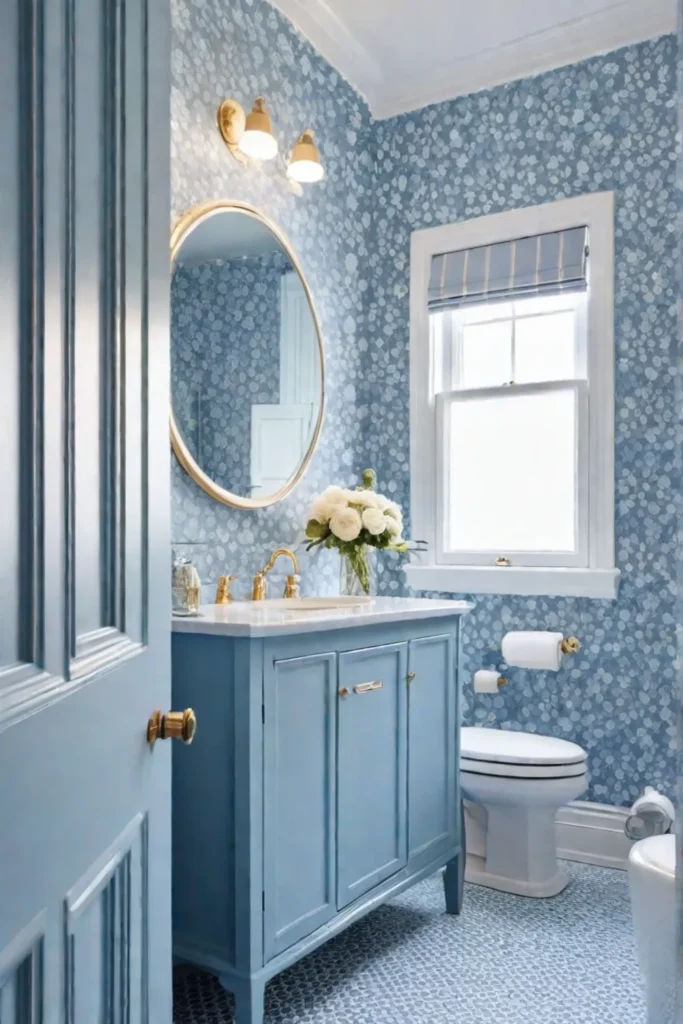 Intricate pattern wallpaper bright bathroom