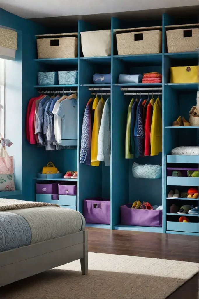 Kids bedroom closet with low hanging rods and accessible shelves