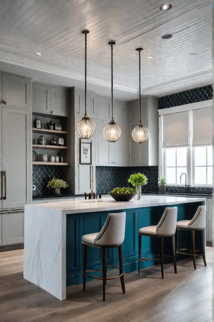 Kitchen with bold geometric wallpaper and pendant lighting