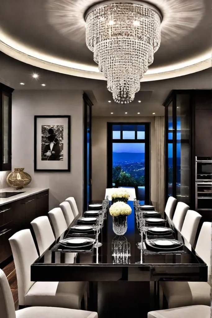 Kitchen with rectangular dining table and chandelier
