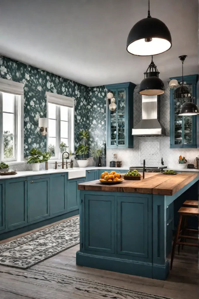 Kitchen with vintage floral and modern geometric wallpaper