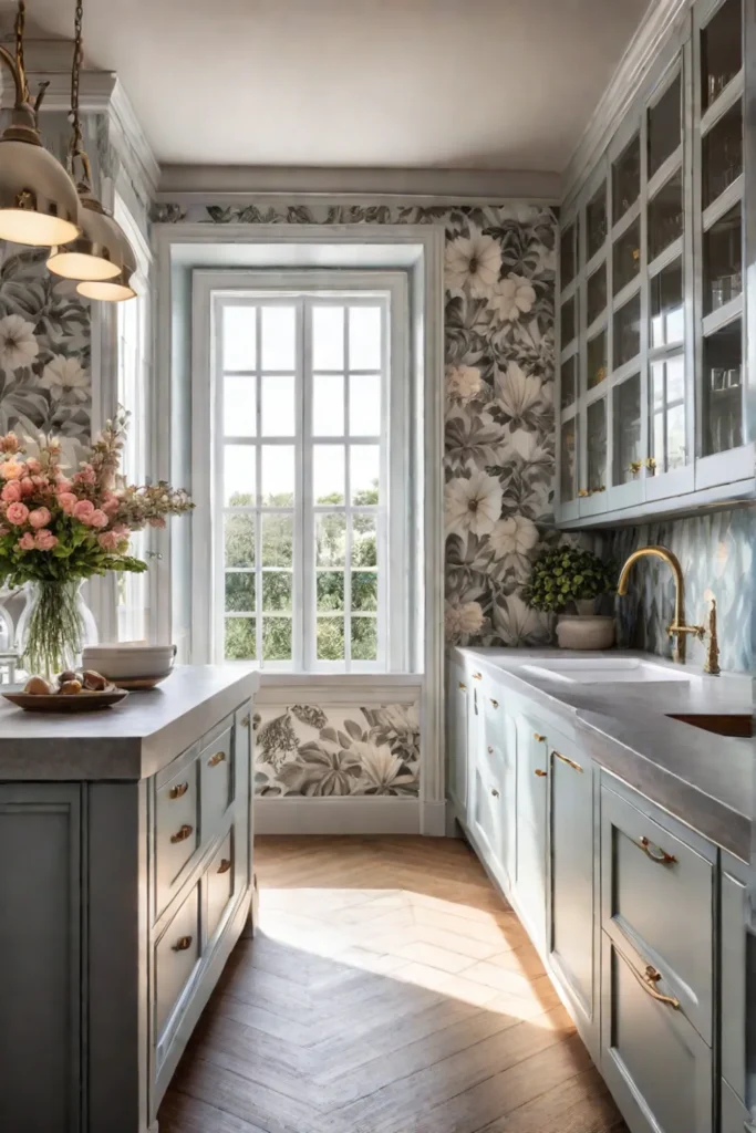 Largescale floral wallpaper in a small galley kitchen