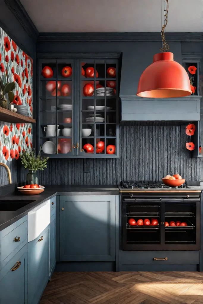 Largescale floral wallpaper with vibrant poppies adding depth to a small kitchen